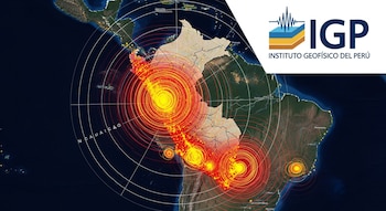 Mapa satelital de Sudamérica centrado en Perú, mostrando círculos concéntricos rojos y amarillos que indican actividad sísmica. Incluye el logo del IGP.
