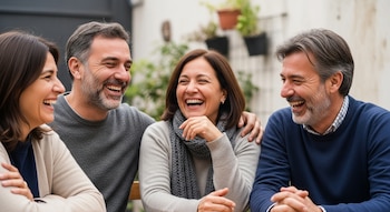 Plano medio de cuatro amigos argentinos de mediana edad, dos mujeres y dos hombres, riendo a carcajadas con expresión de alegría y complicidad en un ambiente relajado.