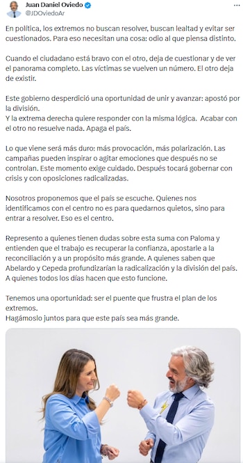 Juan Daniel Oviedo advirtió sobre el avance de los extremos y llamó a fortalecer el centro político - crédito @JDOviedoAr/X
