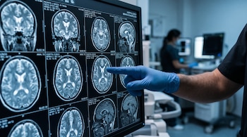 Una mano con guante azul apunta a un monitor con cortes de resonancia magnética cerebral en una sala hospitalaria.