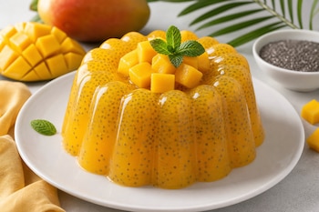 Gelatina amarilla con semillas de chía sobre un plato blanco, decorada con cubos de mango, menta y acompañada de fruta en trozos.
