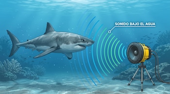 Un tiburón frente a un altavoz submarino sobre un trípode que proyecta ondas concéntricas junto al rótulo Sonido bajo el agua.