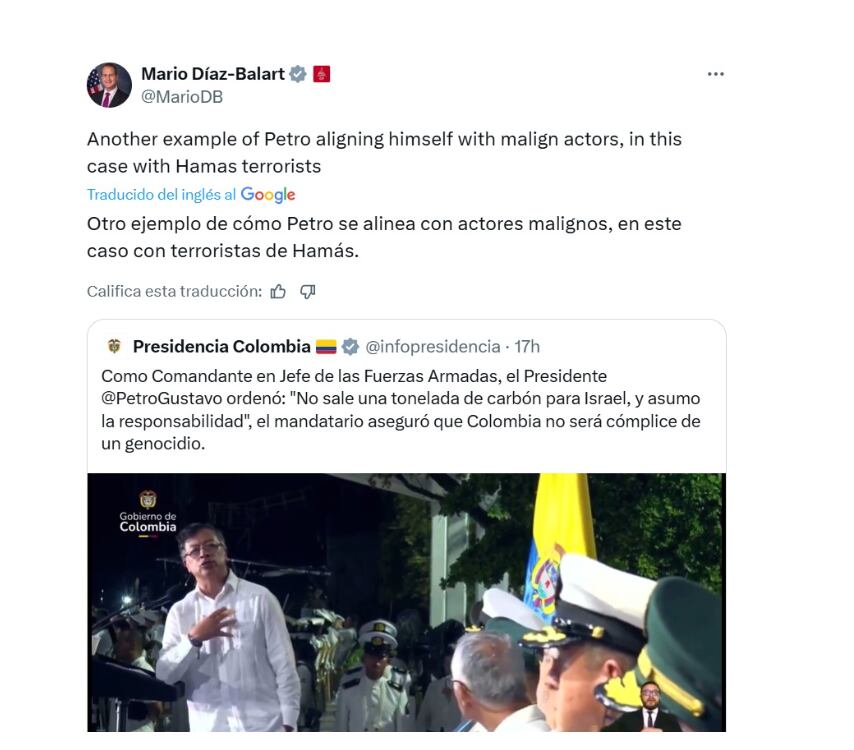 El congresista Mario Díaz-Balart acusó al mandatario de alinearse con Hamas - crédito @MarioDB/X