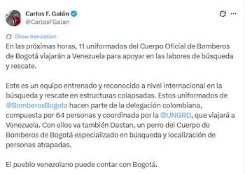 El alcalde Galán anunció el envío de un equipo entrenado de bomberos para Venezuela - crédito captura de pantalla @CarlosFGalan/X