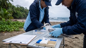 Dos personas con guantes azules revisan un ave marina sobre una mesa plegable en una playa arenosa, junto a materiales de muestreo y registro.