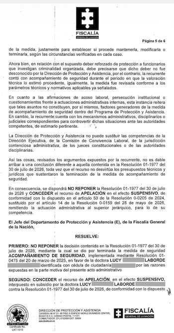 La entidad, liderada por Luz Adriana Camargo, sostuvo que las denuncias de acoso laboral no constituyen la necesidad de un equipo para su protección - crédito Fiscalía