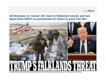 Recorte de periódico con soldados británicos y bandera del Reino Unido en paisaje frío, junto a Donald Trump hablando, y titulares sobre Malvinas