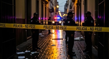 Cinta amarilla con texto "Policía - No Pase" en primer plano; detrás, tres policías, un vehículo policial con luces encendidas y una calle adoquinada de noche.