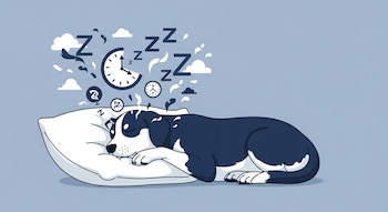 Ilustración plana de un perro blanco y azul oscuro durmiendo plácidamente sobre una almohada blanca, con relojes y nubes emergiendo, sobre un fondo azul claro.