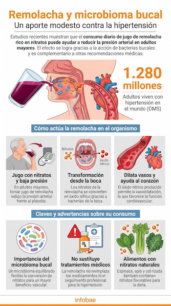 Infografía con ilustraciones del sistema digestivo, vasos sanguíneos, bacterias orales, un vaso de jugo de remolacha y un tensiómetro.