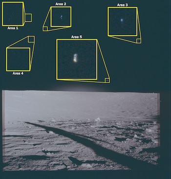 Montaje de cinco recuadros con objetos pequeños y brillantes sobre fondo oscuro, y una imagen inferior del paisaje lunar con cráteres y sombras