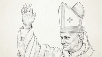 Ilustración estilo lápiz a mano alzada, blanco y negro, muestra a un hombre en atuendo eclesiástico con una mitra, levantando su mano derecha.
