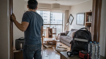 Hombre de espaldas en un umbral, sala desordenada, muebles inclinados, objetos en el suelo, mochila negra de emergencia, linterna, radio, botellas de agua en mesa