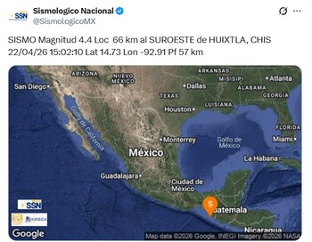 Se registra sismo de magnitud 4.4 en Huixtla, Chiapas (X/ @SismologicoMX)
