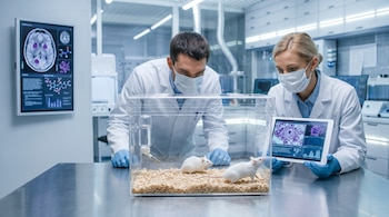 Dos científicos con batas y guantes observan dos ratones blancos en una caja. Una tableta y un monitor muestran imágenes y datos médicos.