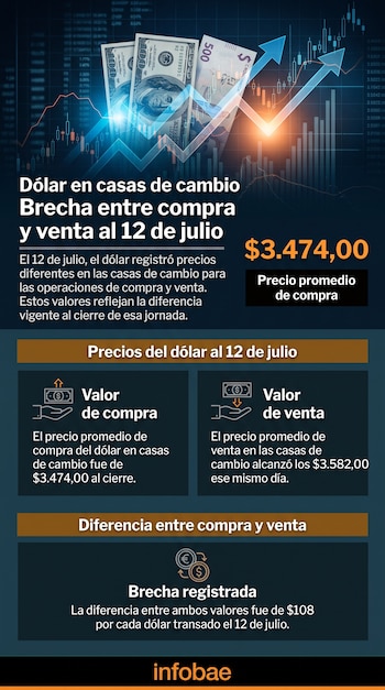 Al cierre de la jornada del 12 de julio, el precio promedio de compra de dólar en las casas de cambio era de $3.474,00, mientras que el de venta se ubicaba en $3.582,00 - crédito Infobae Colombia