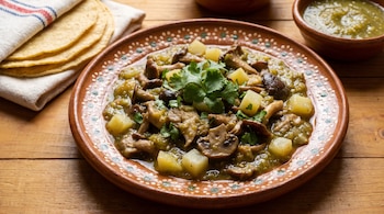 Plato de barro con setas, papas y salsa verde. Cilantro fresco. Tortillas de maíz envueltas en tela. Recipiente con salsa verde. Mesa de madera.