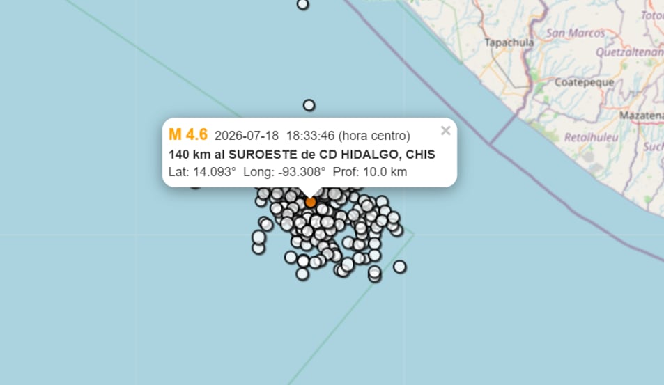 Sismo de magnitud 4.6 en Ciudad Hidalgo, Chiapas este 18 de julio. (Servicio Sismológico Nacional)