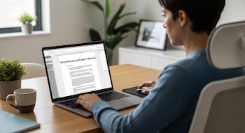 Mujer de espaldas usa una computadora portátil. En la pantalla se ve el título 'Requisitos para participar en licitación'. Hay una taza y una planta sobre el escritorio.