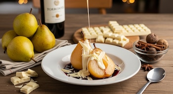 Dos mitades de pera con salsa y chocolate blanco en un plato blanco sobre mesa de madera, con peras frescas, vino Torrontés, chocolate y especias.