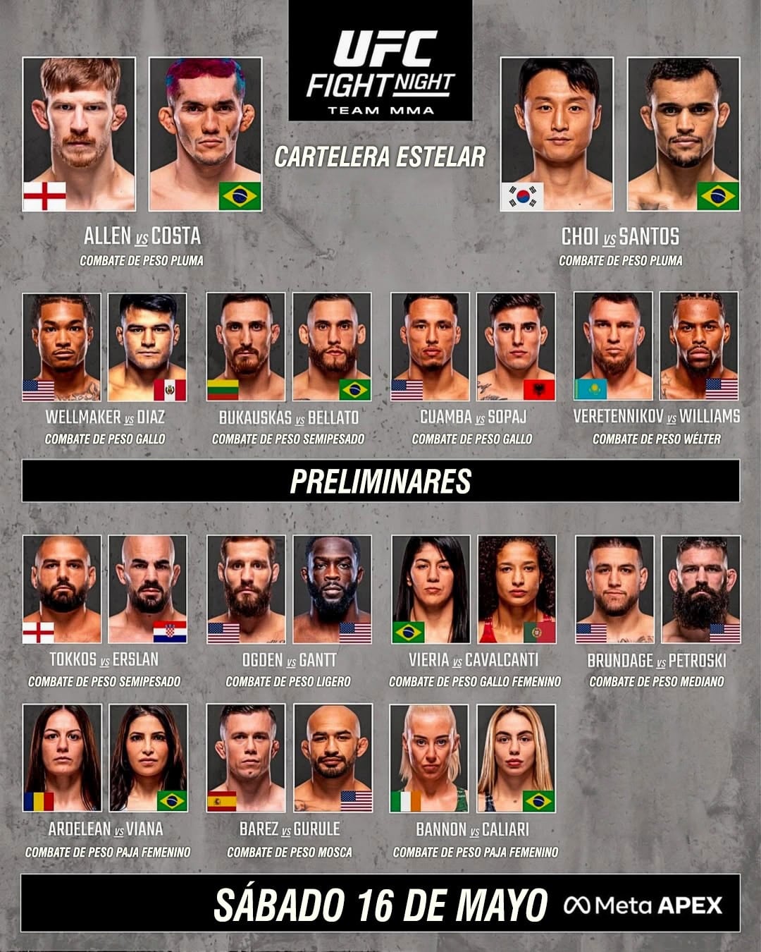 Cartelera de la UFC Fight Night Las Vegas 117. Crédito: Team MMA.