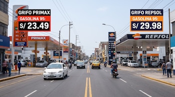 Avenida con vehículos transitando entre dos estaciones de gasolina con letreros de precios marcados en carteles.