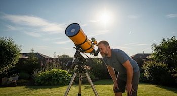 Un hombre se inclina para mirar a través de un telescopio amarillo y negro apuntando al Sol brillante en un jardín verde bajo un cielo azul claro.