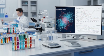 Laboratorio moderno con científico trabajando. En primer plano, tubos de ensayo coloridos, un microscopio y un monitor con gráficos de biomarcadores y riesgo oncológico.
