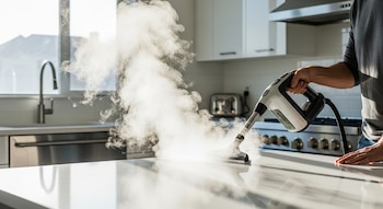 Persona limpiando una encimera de cocina blanca con un limpiador a vapor. Vapor blanco denso sale de la boquilla. Cocina moderna con fregadero y ventana al fondo.