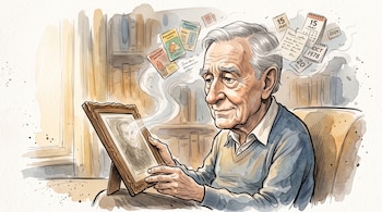 Dibujo en acuarela de un hombre mayor con un marco de foto en las manos, del cual sale una estela hacia hojas de calendario y notas.