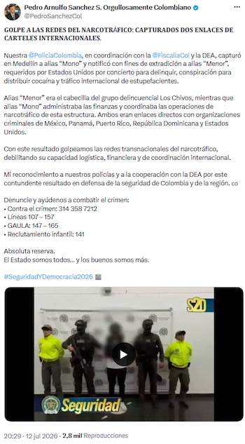 Capturaron en Medellín a dos enlaces de carteles internacionales tras operativo de la Policía y la DEA - crédito @PedroSanchezCol/X