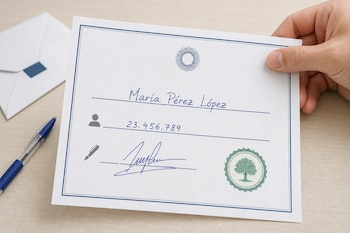 Documento con datos manuscritos, firma y sello circular verde sostenido por una mano junto a un sobre blanco y un bolígrafo azul.