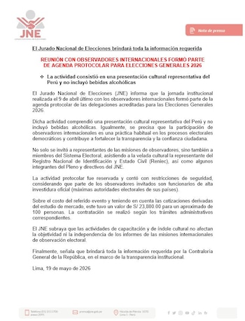 Documento digital con membrete del JNE que muestra una nota de prensa titulada 'El Jurado Nacional de Elecciones brindará toda la información requerida'