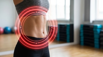 Vista lateral del abdomen tonificado de una persona en un gimnasio, con ropa deportiva y un efecto de círculos rojos luminosos resaltando la zona.