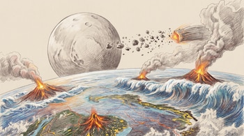 Ilustración a lápiz de la Tierra con volcanes en erupción, grandes olas y asteroides cayendo, con la Luna visible, en un estilo de color y sombras suaves.