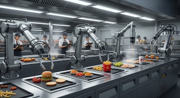 Cocina industrial futurista con múltiples brazos robóticos plateados manipulando alimentos en estaciones de cocción, mientras chefs observan en segundo plano.
