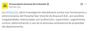 La Procuraduría examinará la ejecución del convenio durante las vigencias 2024 y 2025 - crédito @PGN_COL/ X