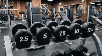 Primer plano de un rack de mancuernas con pesos de 2.5, 5, 7.5, 10 y 12.5 kg en un gimnasio moderno con máquinas al fondo.