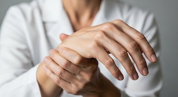 Primer plano de manos de un joven de unos 30 años; una mano sujeta la muñeca de la otra, vestido con una camisa blanca frente a un fondo neutro.