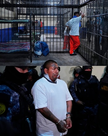 Montaje de dos imágenes: arriba, reos en celdas de malla metálica; abajo, un hombre tatuado con grilletes en manos, rodeado por policías