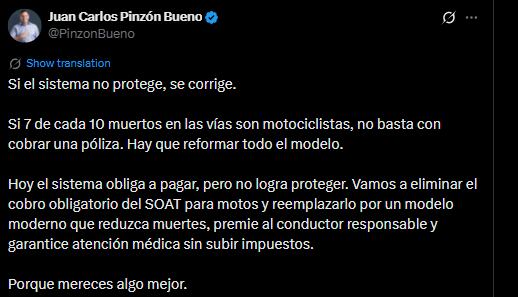 Juan Carlos Pinzón, candidato presidencial, anunció que eliminaría el Soat - crédito @PinzonBueno/X