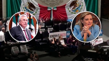 Composición de dos círculos con políticos, hombre y mujer, superpuestos a una sesión legislativa. Fondo: bandera de México y asistentes.