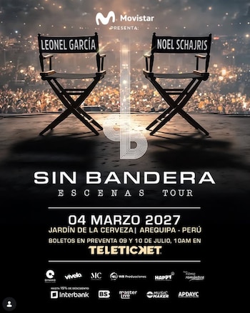 Cartel de concierto con dos sillas de director en un escenario iluminado, con los nombres Leonel García y Noel Schajris, logos de Movistar y Teleticket