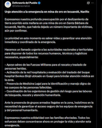 La Defensoría del Pueblo solicitó apoyo militar y garantías de seguridad ante la presencia de grupos armados en la zona - crédito @DefensoriaCol/X