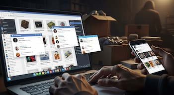 Manos operan un portátil y un smartphone con pantallas que muestran sitios de venta y perfiles de redes sociales, con cajas de cartón en un almacén oscuro de fondo.