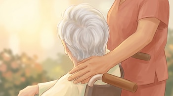 Ilustración de una persona mayor en silla de ruedas de espaldas junto a un cuidador con uniforme que apoya la mano en su hombro.