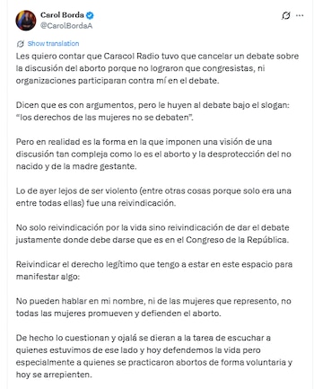 Carol Borda explicó por qué se habría cancelado un debate sobre el aborto en Caracol Radio - crédito @CarolBordaA/X