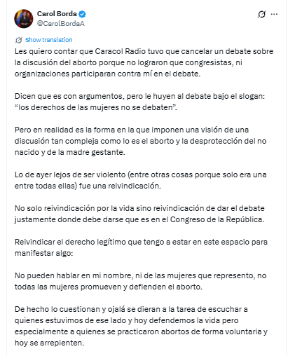 Carol Borda explicó por qué se habría cancelado un debate sobre el aborto en Caracol Radio - crédito @CarolBordaA/X