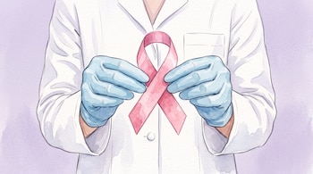 Ilustración en acuarela de dos manos con guantes azules que sostienen un lazo rosa frente a una bata médica blanca.