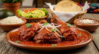 Primer plano de Pollo a la Diabla con salsa roja, cebolla y cilantro en un plato de barro, rodeado de arroz, frijoles, ensalada y tortillas en una mesa de madera.